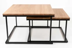 Couchtisch Set quadratisch massiv eiche mit Metallgestell Beistelltische|Couchtische