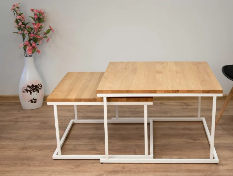 Couchtisch Set quadratisch massiv eiche mit Metallgestell Beistelltische|Couchtische