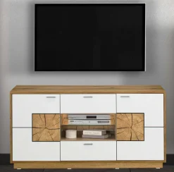 Hot Orbano white TV Unterschrank mit Hirnholz Applikation weiß / alteiche Sideboards|Tv Möbel
