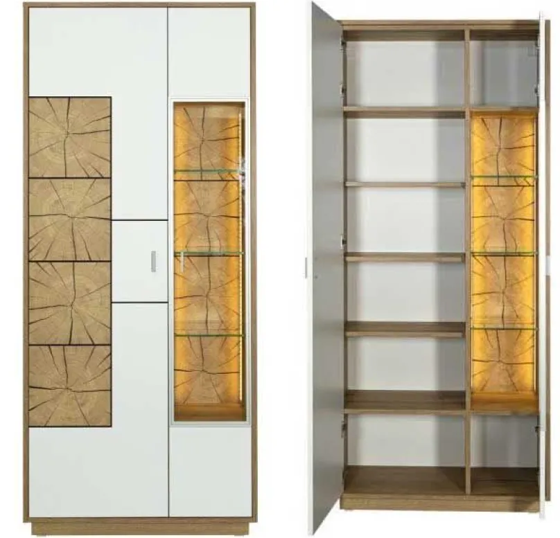 Hot Orbano white Vitrinenschrank mit Hirnholz Applikation weiß / alteiche Vitrinen|Vitrinenschränke